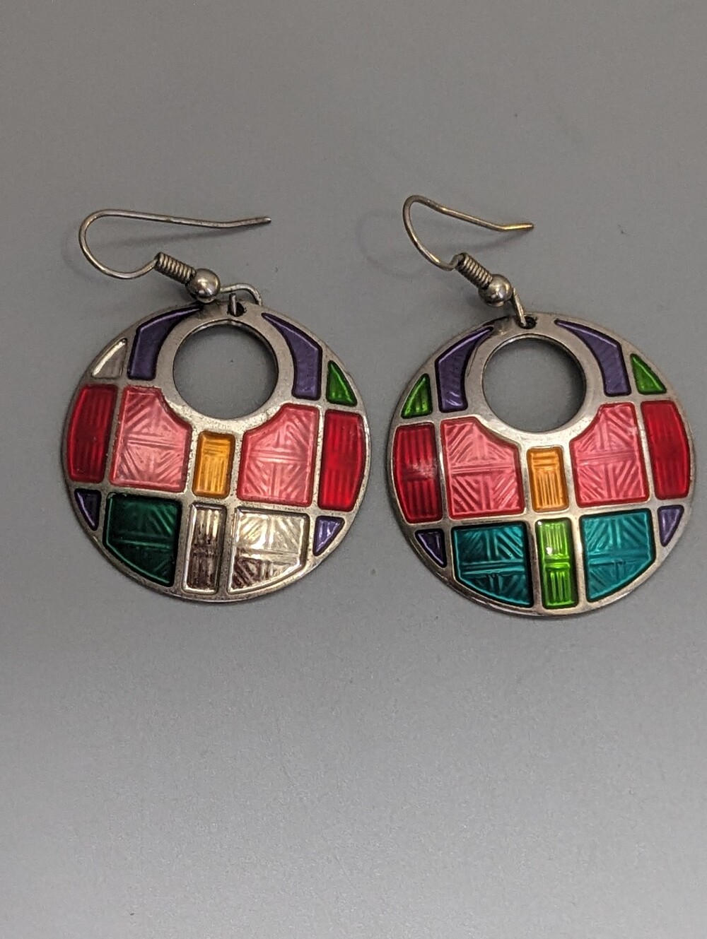Large Multicolor Enamel Geometric Dangle Earrings Retro Boho Artsy Statement